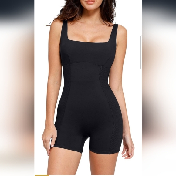 Popilush Black Yoga Square Neck Shapewear Tummy Control Bodycon Romper Medium - Picture 1 of 10